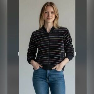 Marine Layer Jacket Women’s Large Navy Striped Zip Up Bomber Organic Cotton 80’s